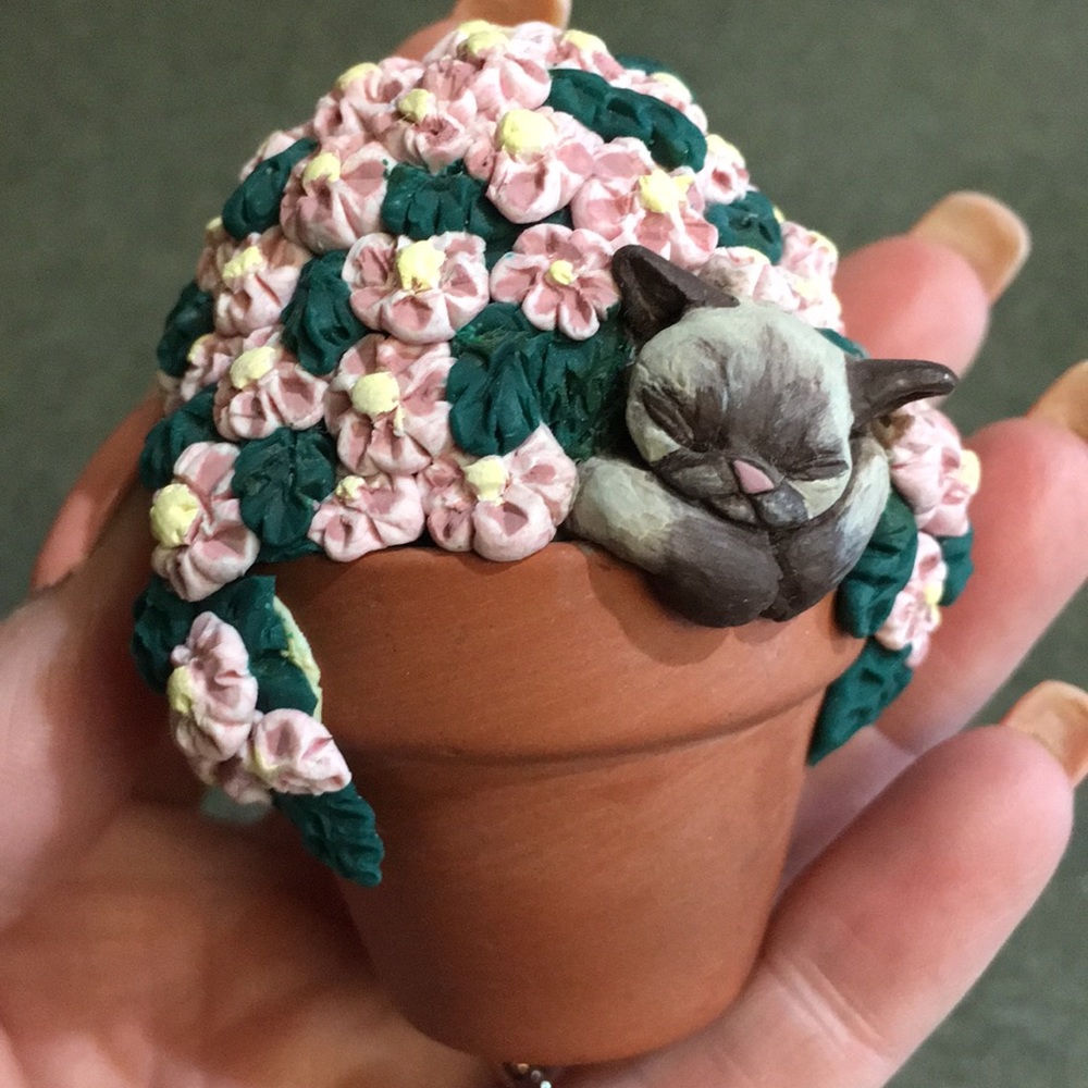 Original One Of A Kind Sculpture Cat in Plant Art